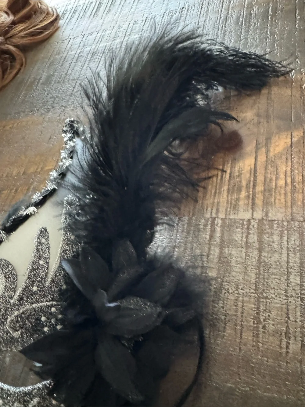 Masquerade Mask Half Mask Silver With Black Feathers and Flower with Glitter
